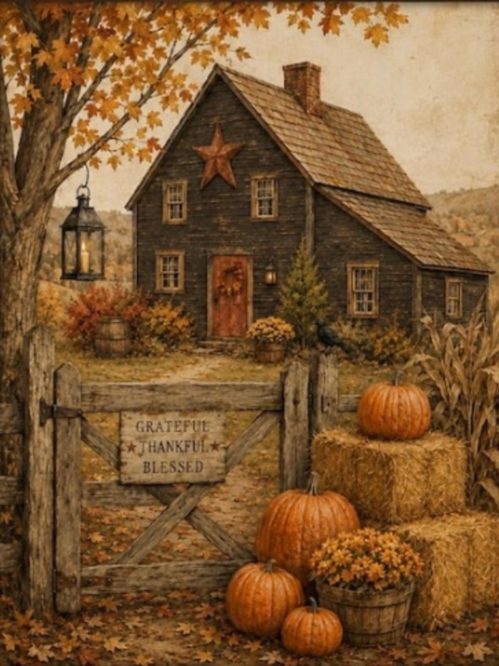 Grateful Thankful Blessed Autumn Farmhouse Art Print 8x10